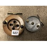 VINTAGE MAHOGANY NOTTINGHAM TYPE CENTRE PIN FISHING REEL ALONG WITH AN UNNAMED CENTRE PIN REEL