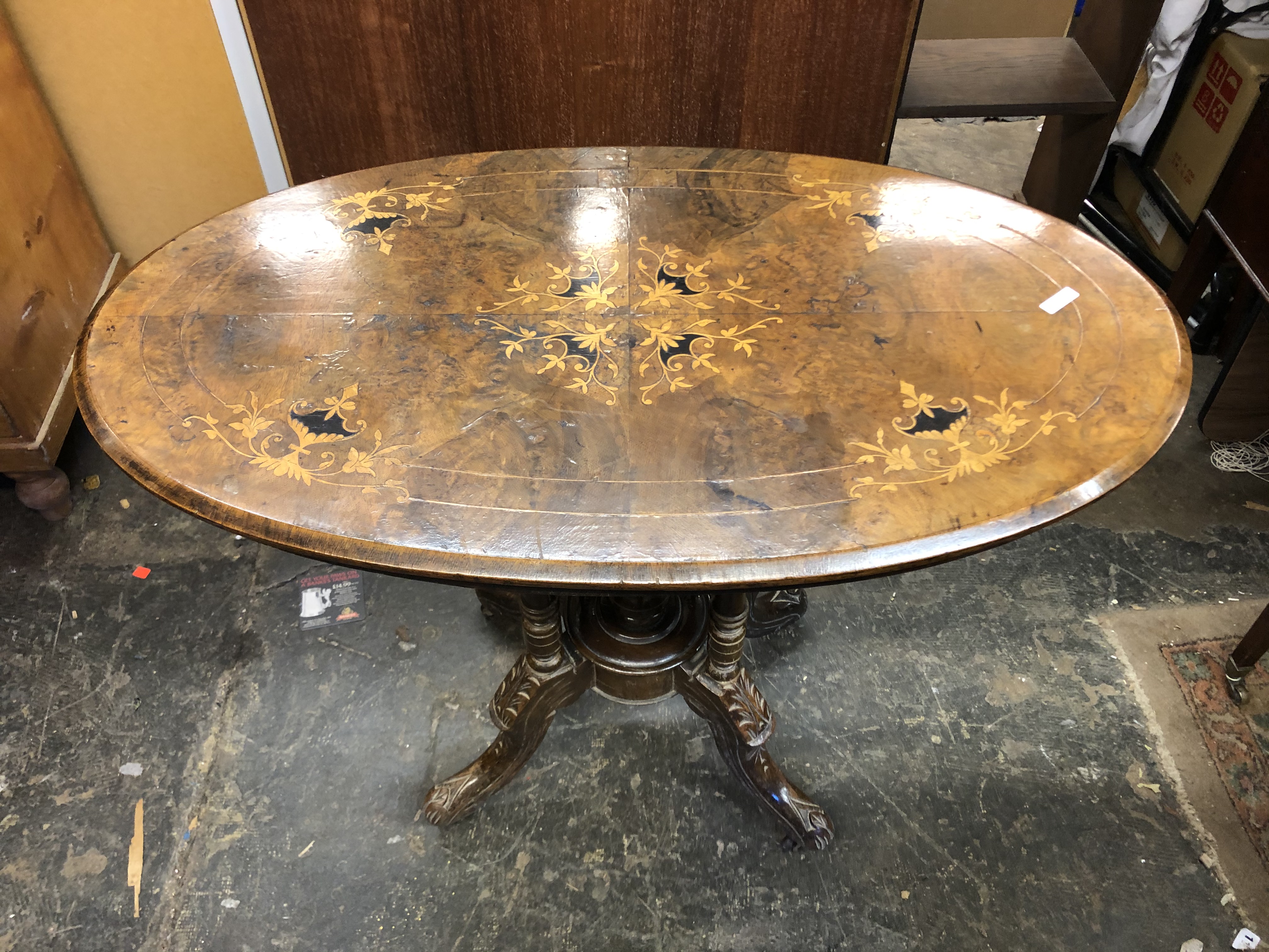 VICTORIAN WALNUT OVAL TOPPED MARQUETRY INLAID CENTRE TABLE