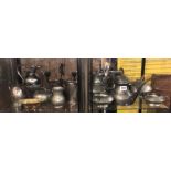 TWO PIGEON HOLES OF A PEWTER FIVE PIECE TEA/COFFEE SERVICE, HOTEL PLATE,