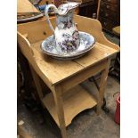 VICTORIAN PINE GALLERY BACK WASH STAND WITH STAFFORDSHIRE JUG AND BOWL