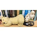 NOVELTY DOG DOOR STOP AND OWL FIGURE GROUP, CASED PICKLE DISHES,