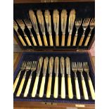 EVERSHED & SONS MAHOGANY CANTEEN CASE OF FISH CUTLERY WITH SILVER COLLARS