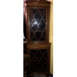 EDWARDIAN MAHOGANY AND MARQUETRY INLAID ASTRAGAL GLAZED CORNER CABINET