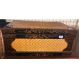 ORIENTAL STRAW AND PAINTED PAPIER MACHE BOX AND VINTAGE SUITCASE