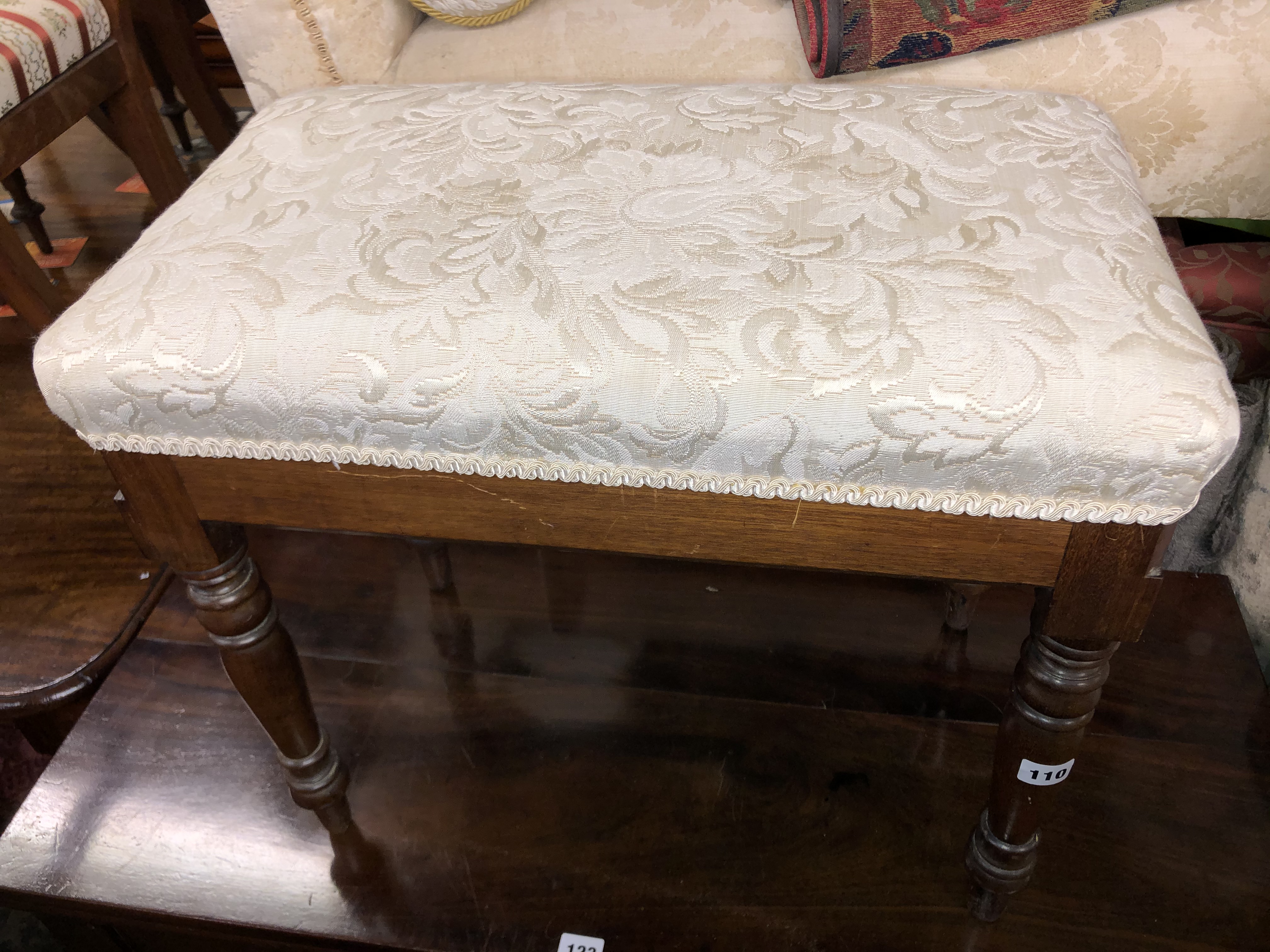 VICTORIAN BROCADE UPHOLSTERED DRESSING STOOL AND VICTORIAN CHAIR