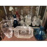 SHELF CONTAINING 19TH CENTURY GLOBE AND SHAFT AND MALLET DECANTERS AND STOPPERS,