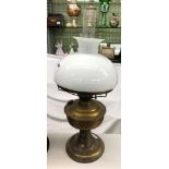 BRASS OIL LAMP WITH WHITE OPAQUE SHADE AND ONE OTHER