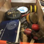 BOX CONTAIN A SHAKESPEARE BEAULITE CENTRE PIN GAME REEL, HARDY SYNC TIP SPOOL, VINTAGE PIKE BUNGS,