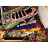 BOX OF QUILTED PATCHWORK AND BEADED BAGS, PURSES, MATS,