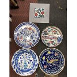 THREE IZNIK DESIGN PATTERNED PLATES AND A CERAMIC TILE