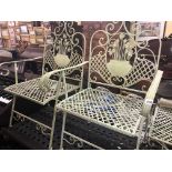 PALE GREEN IRON WORK LATTICE FOLDING ARMCHAIRS AND WORK TABLE