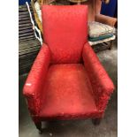 19TH CENTURY GENTLEMAN'S DEEP ARMCHAIR UPHOLSTERED IN RED FLORAL DAMASK