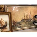 OIL ON BOARD OF JUNKS IN A HARBOUR AND A WATERCOLOUR OF A GALLEON