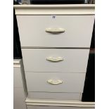 MATCHING WHITE LOW THREE DRAWER CHEST AND SMALLER THREE DRAWER BEDSIDE CHEST