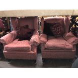 PAIR OF VICTORIAN TERRACOTTA AND GOLD LEAF UPHOLSTERED WING BACK GENTLEMAN'S ARMCHAIRS