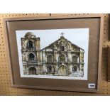 WATERCOLOUR OF PAGSANJAN LAGUNA OLD CHURCH BY BURT OLLAGUE 13 FRAMED AND GLAZED 35CM X 25CM