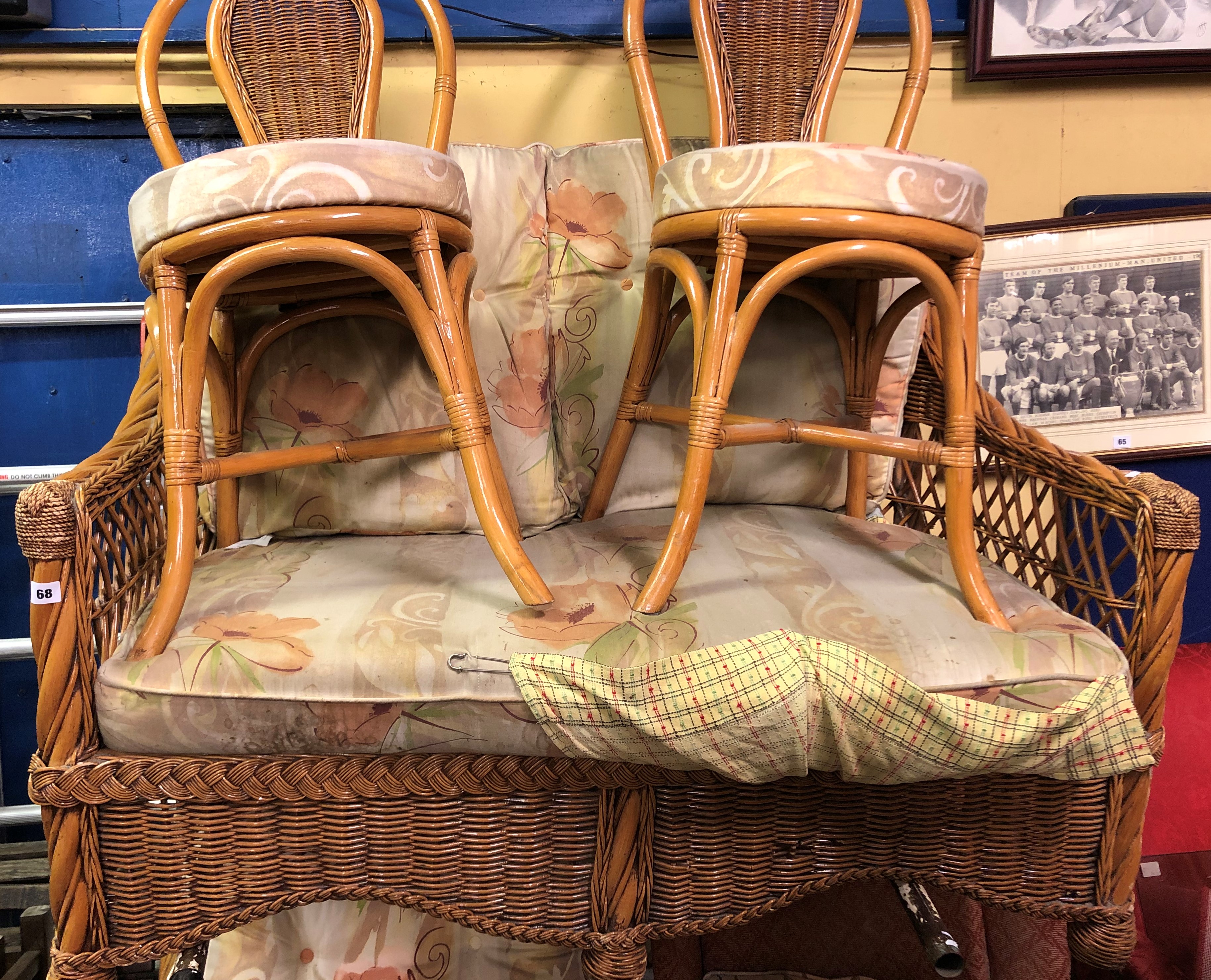 CANE AND BAMBOO CONSERVATORY SOFA, CIRCULAR GLASS TOP TABLE,