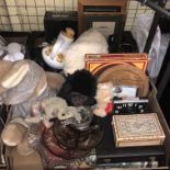 TWO CARTONS OF MISCELLANEOUS ITEMS - DAMASCUS TYPE BOX, FISH CUTLERY, SOFT TOYS, EGG CODDLER,