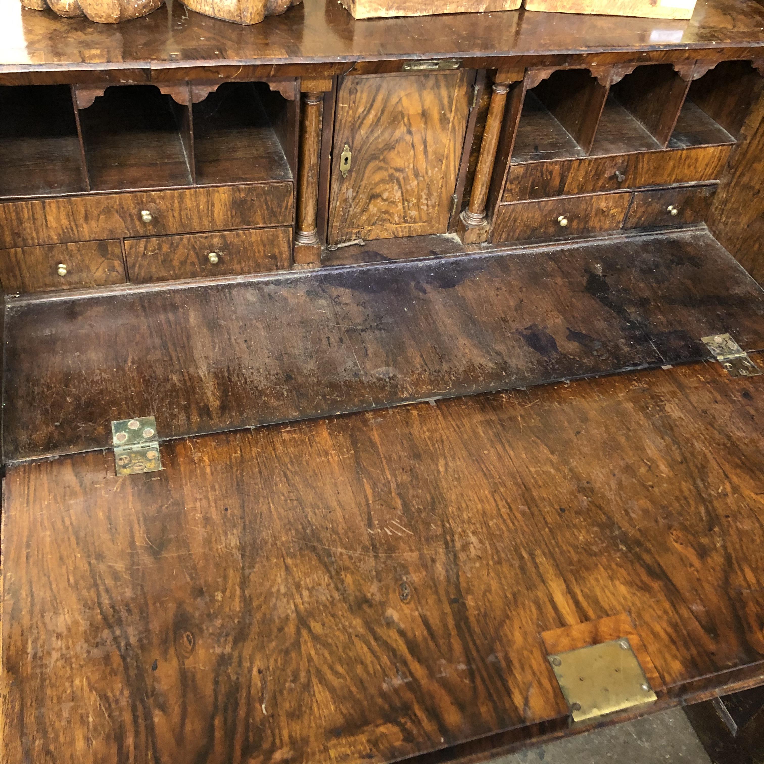 EARLY 18TH CENTURY WALNUT CROSSBANDED BUREAU, THE FALL ENCLOSING CENTRAL CUPBOARD, - Image 6 of 8