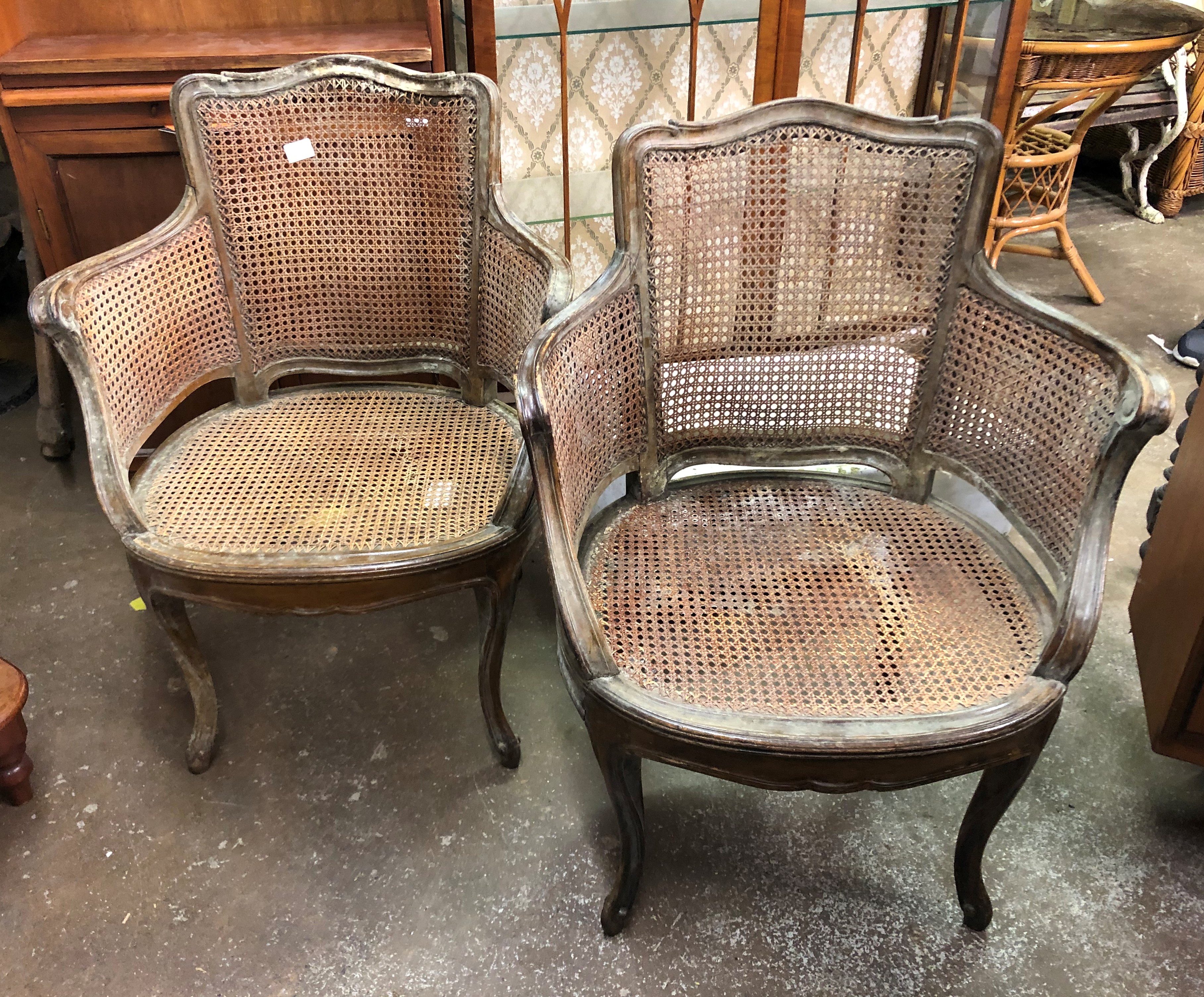PAIR OF BEECH BERGERE CANED ELBOW CHAIRS MAKERS LABEL STAIR AND ANDREW SOHO SQUARE LONDON