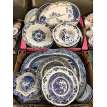 TWO CARTONS CONTAINING STAFFORDSHIRE BLUE AND WHITE TRANSFER MEAT PLATTERS SOME A/F, DINNER PLATES,