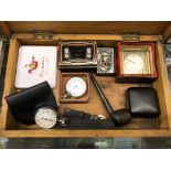 WOODEN BOX CONTAINING A SMITHS TRAVEL CLOCK, TWO STOPWATCHES, CUFFLINKS, CIGARS, PIPE,