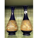 PAIR OF ROYAL DOULTON STONEWARE COBALT BLUE GILDED TAPERED VASES IMPRESSED LB