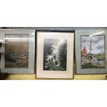 THREE WATERCOLOURS AND GOUACHE OF ESTUARY LANDSCAPES AND A CANAL LOCK SCENE