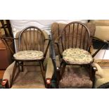 PAIR OF ERCOL SPINDLE BACK ELBOW CHAIRS WITH TAPESTRY LOOSE CUSHIONS