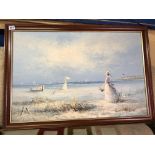 20TH CENTURY OIL ON CANVAS EDWARDIAN FEMALE FIGURES WITH PARASOLS IN A BEACH LANDSCAPE,