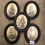 SERIES OF FIVE REPRODUCTION SCRIMSHAW STYLE OVALS OF GALLEONS AND SAILING SHIPS