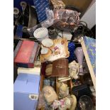 TWO BOXES CONTAINING A DRESSING TABLE SET, MINIATURE CERAMICS, WEDGWOOD WILD STRAWBERRY CHINAWARES,