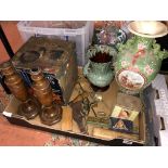 BOX CONTAINING WOODEN CANDLESTICKS, VINTAGE ADVERTISING TINS,