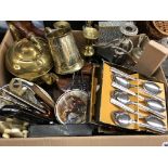 BOX CONTAINING EP CANDELABRUM, BRASS CANDLESTICKS, KETTLE,