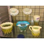 SELECTION OF VICTORIAN VASELINE GLASS JACK IN THE PULPIT VASES, SMALL CREAMER,