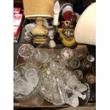 TWO BOXES CONTAINING ETCHED AND PRESSED GLASSWARES, MIRRORED GLASS TRAY, COCKEREL,