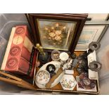 CRATE CONTAINING AYNSLEY TRINKET BOX, CANDLESTICKS, PRINTS, RAVENSHEAD GLASSWARE,