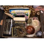 CARTON CONTAINING A MIRROR, BRASS TRIVET, COPPER KETTLE AND A BOX CONTAINING GLASSWARES,