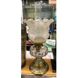 VICTORIAN BRASS EMBOSSED GLASS OIL LAMP WITH ETCHED SHADE