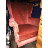 PINK UPHOLSTERED WING BACK ARMCHAIR