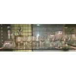 SHELF OF NAMED CUT GLASSWARES, CLARET JUG,