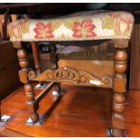 REPRODUCTION CHARLES II STYLE OAK UPHOLSTERED BOBBIN REEL LEG STOOL