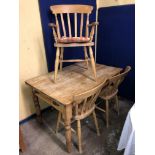 VICTORIAN PINE FARMHOUSE TABLE WITH SINGLE DRAWER AND THREE SPINDLE BACK CHAIRS (HEIGHT= 73CM,