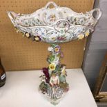 DRESDEN CHERUB FIGURAL AND FLOWER ENCRUSTED COMPORT 46CM H APPROX
