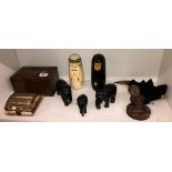 SET OF POTTERY GRADUATED ELEPHANTS, TWO BABUSHKA DOLLS, SMALL OAK BOX,