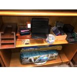 SHELF OF VARIOUS OFFICE STATIONERY INCLUDING DESK TIDIES, TRAYS,
