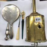 VINTAGE BRASS MEAT JACK, A SILVER BACK MIRROR,