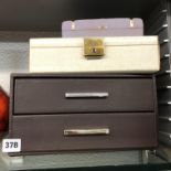 BROWN LEATHER TWO DRAWER JEWELLERY CHEST AND TWO OTHER BOXES