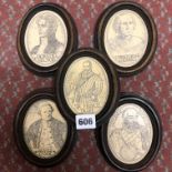 SERIES OF FIVE REPRODUCTION SCRIMSHAW STYLE OVALS OF FAMOUS EXPLORERS AND SEAMAN