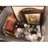 CRATE CONTAINING AYNSLEY TRINKET BOX, CANDLESTICKS, PRINTS, RAVENSHEAD GLASSWARE,